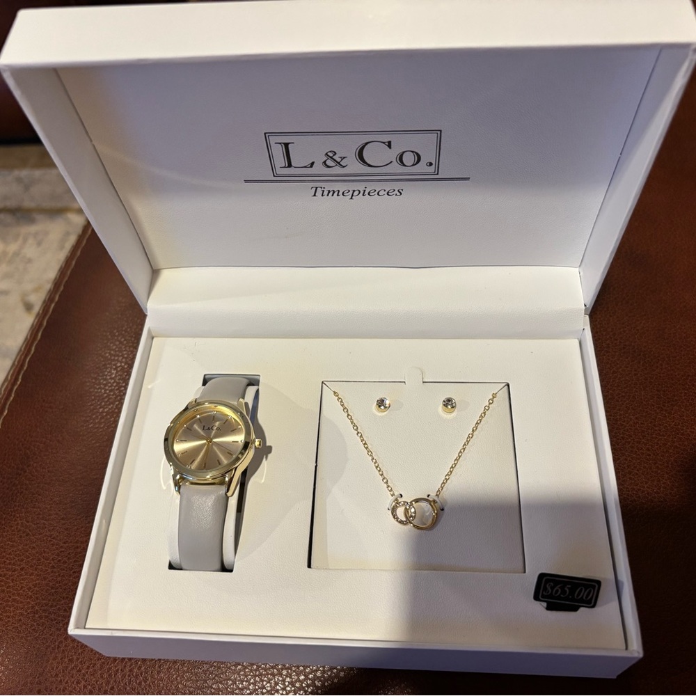 L&Co. Gold and White Women's Watch and Jewelry Set